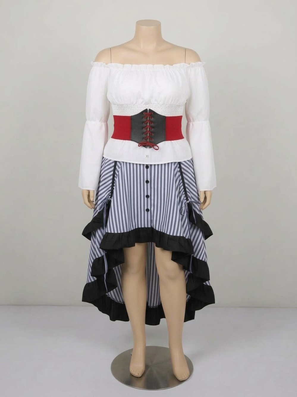 Lot of three items for costume-High-Low Ruffle Skirt,Corset belt, flowy shirt